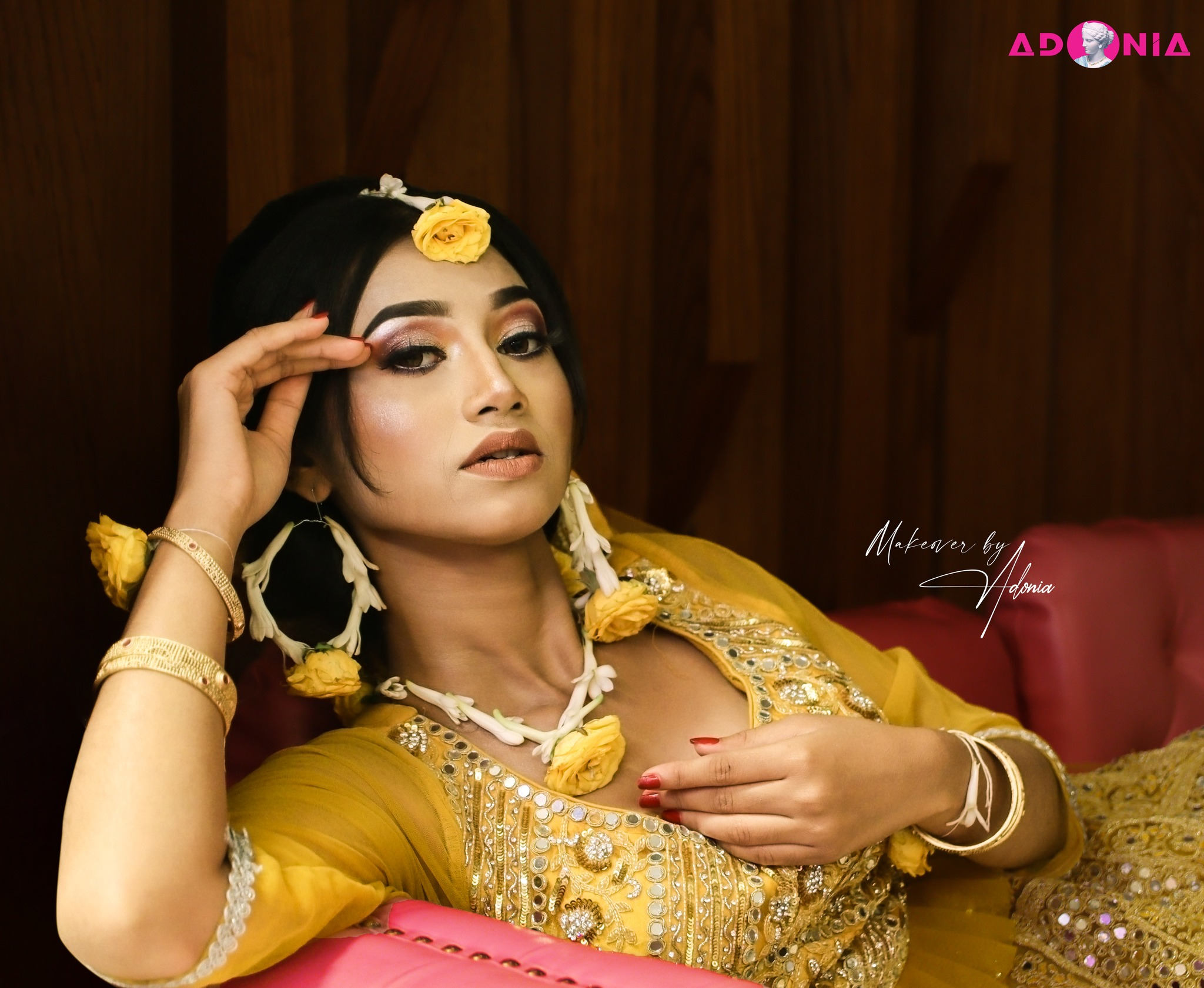 Get a stunning Yellow Night Makeover at Adonia Women’s Parlour in Dhaka. Our expert beauty artists create glamorous party makeup looks with flawless skin finish, elegant styling, and long-lasting beauty for weddings, parties, and special occasions.